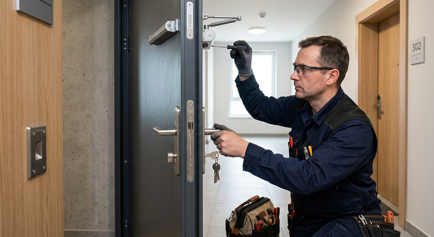 Låssmed funktionskontrollerar en nyinstallerad säkerhetsdörr