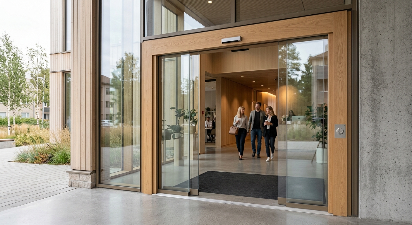 Automatisk glasdörr i välskött kontorsentré