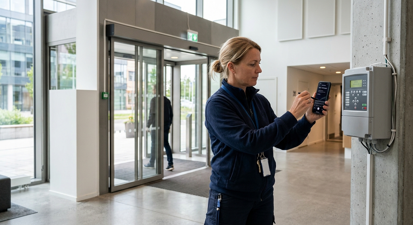 Fastighetsansvarig dokumenterar felkod på automatisk dörr