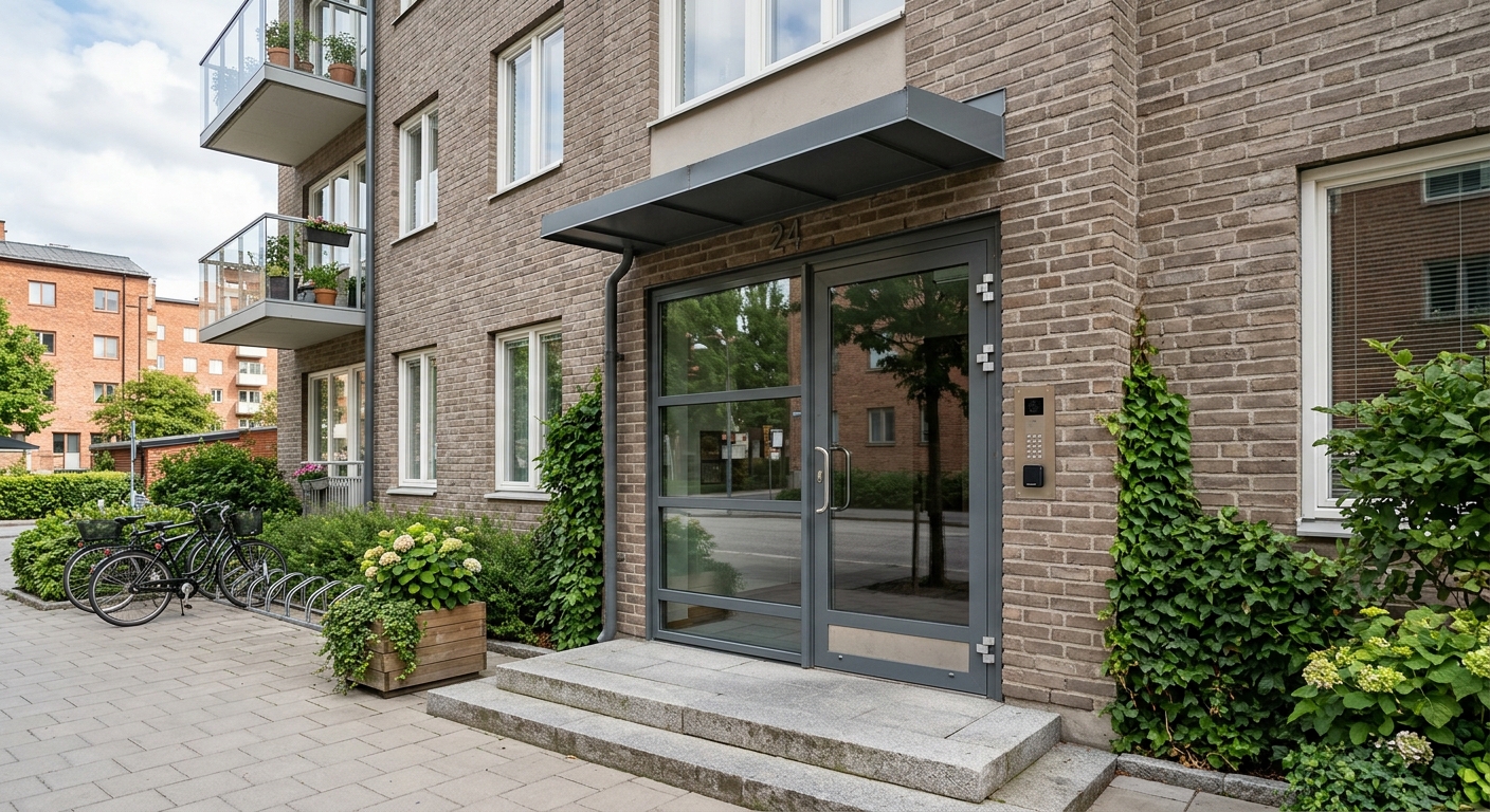 Modern flerbostadsentré med elektroniskt kodlås och taggläsare vid porten