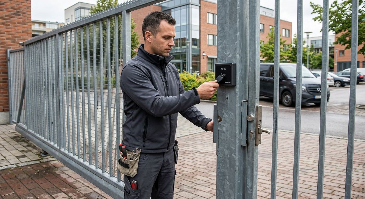 Låssmed testar elektroniskt portlås på en entréport
