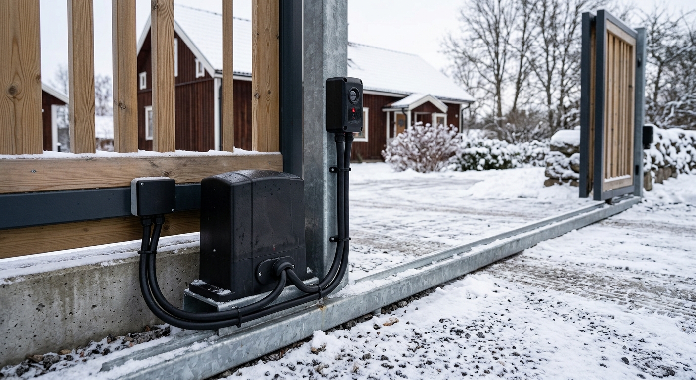 Fotocell och motor på en automatisk skjutgrind vid en uppfart
