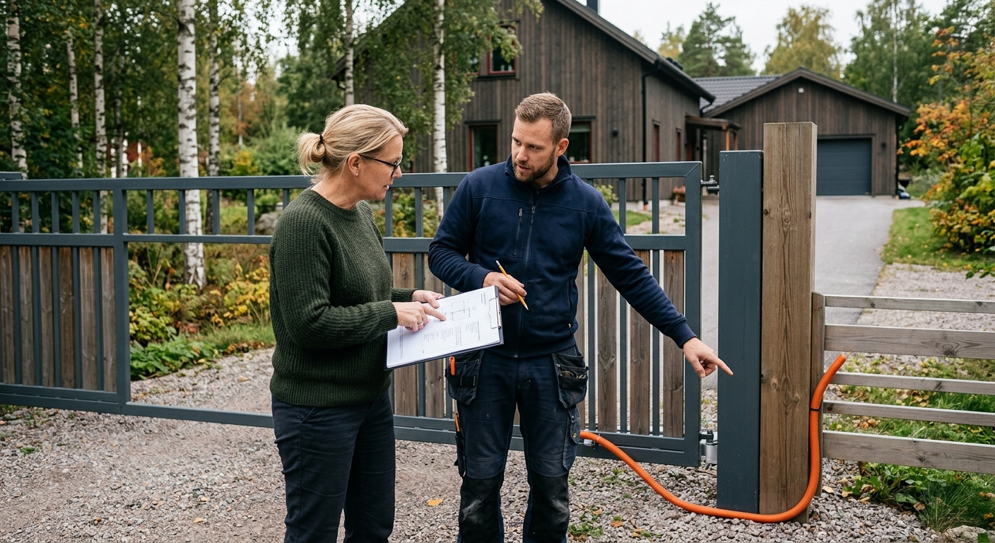 Villaägare och installatör går igenom offertunderlag vid en uppfart med grind