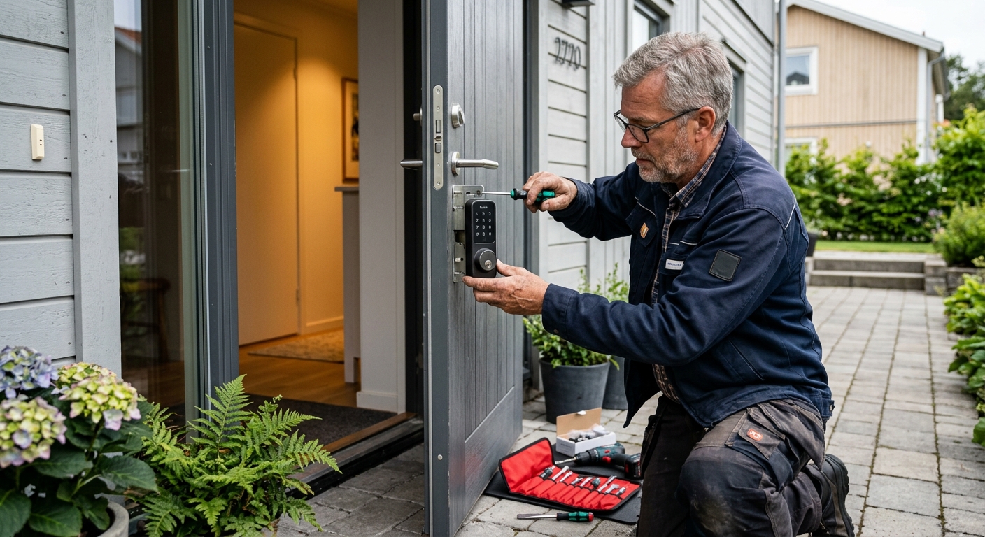 Låssmed monterar elektroniskt kodlås på ytterdörr