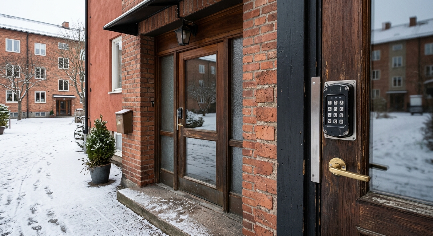 Digitalt dörrlås med knappsats på ytterdörr i flerbostadsfastighet