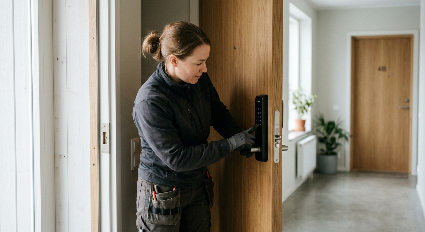 Låssmed testar kod och dörrstängning efter installation av digitalt lås