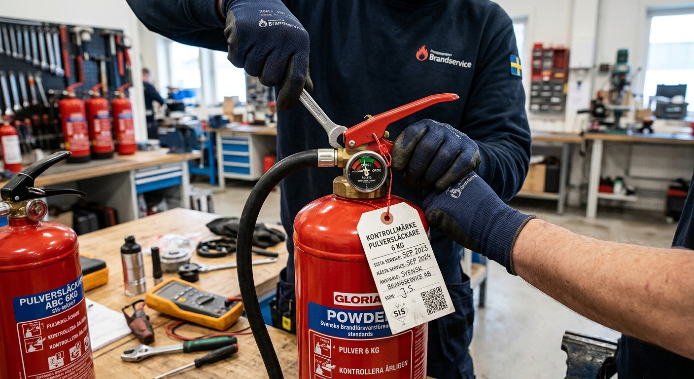 Närbild på brandsläckare med manometer och serviceetikett