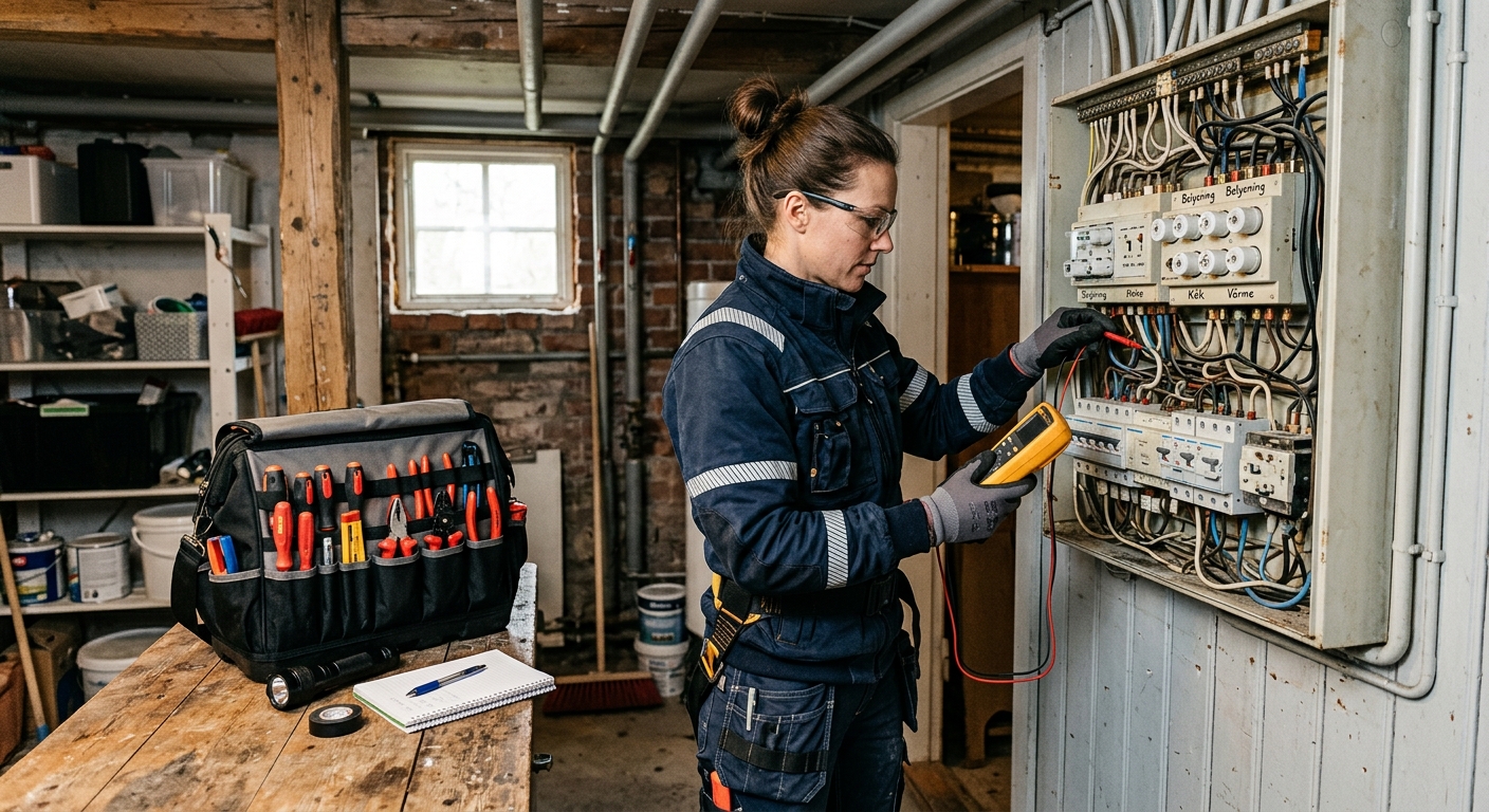 Elektriker undersöker elcentral i en äldre svensk villa