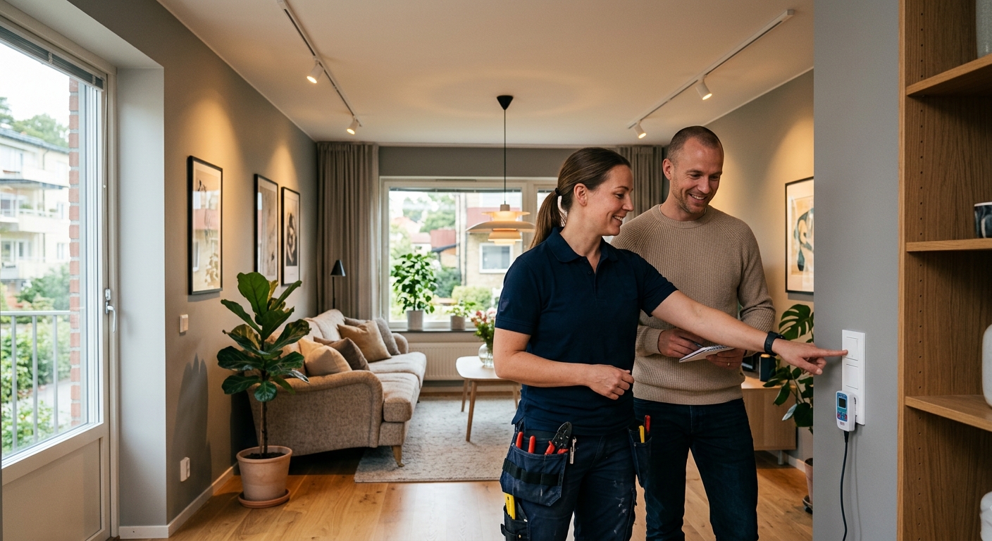Elektriker och villaägare går igenom färdig belysning och uttag i ett vardagsrum