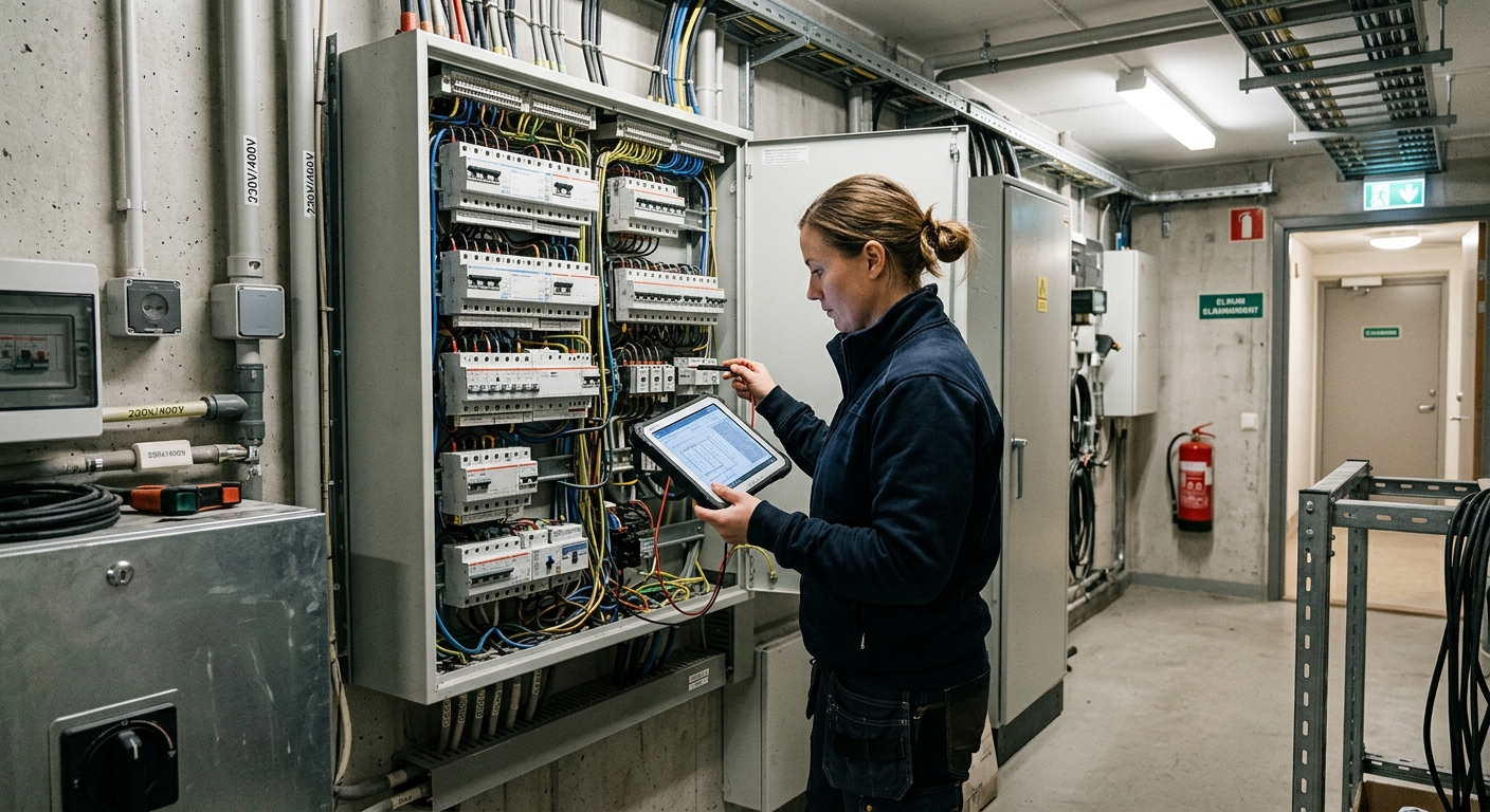 Elektriker granskar elcentral i ett flerbostadshus