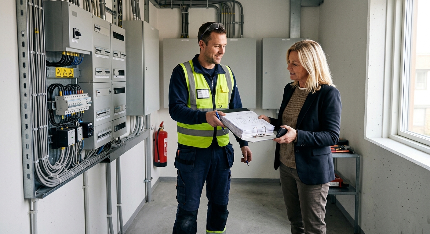 Elektriker lämnar över dokumentation till fastighetsförvaltare
