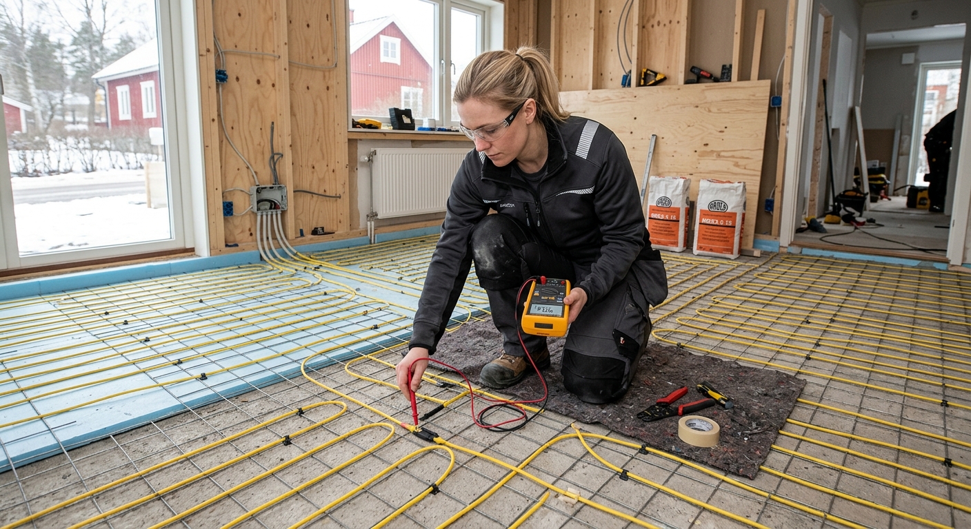 Elektriker kontrollerar värmekabel på ett förberett golv före spackling