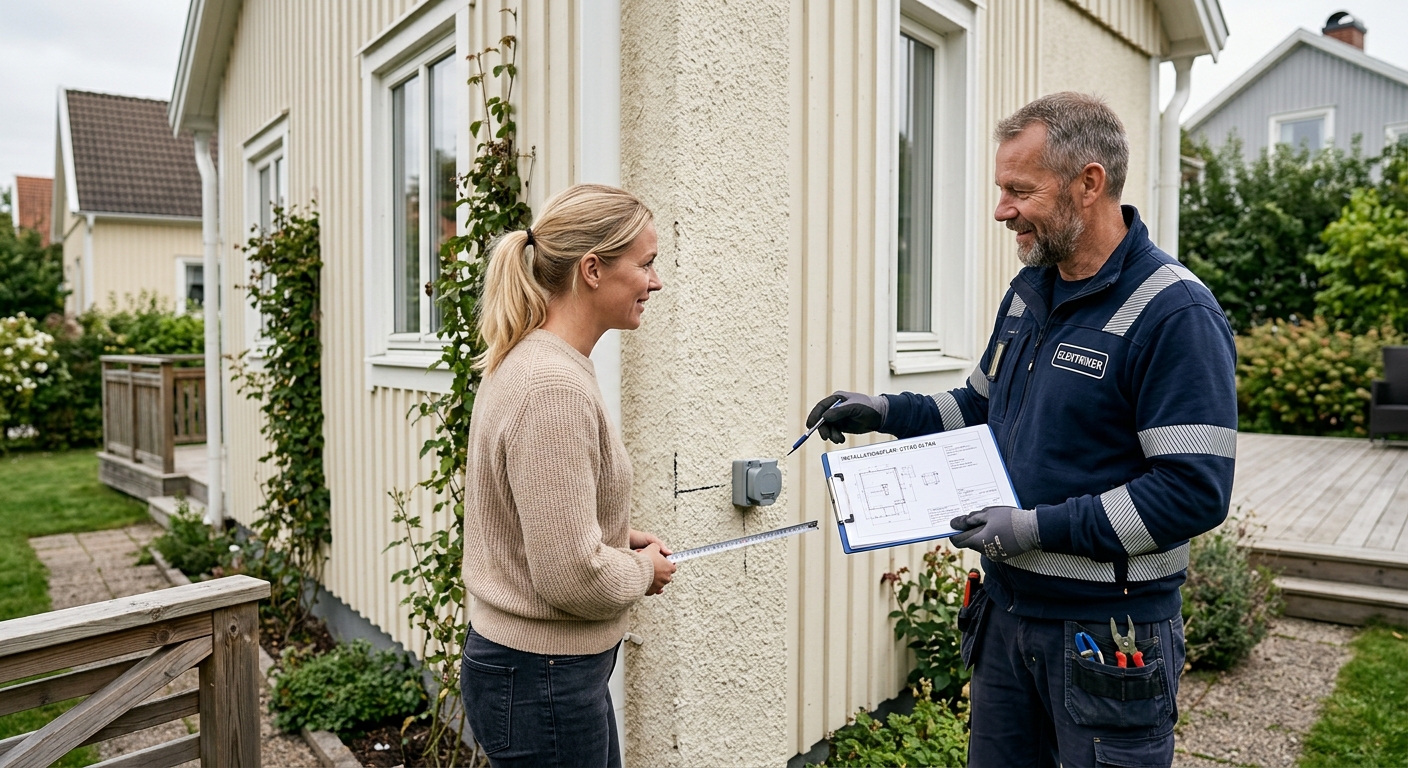 Elektriker och husägare går igenom planering för eluttag utomhus vid fasad