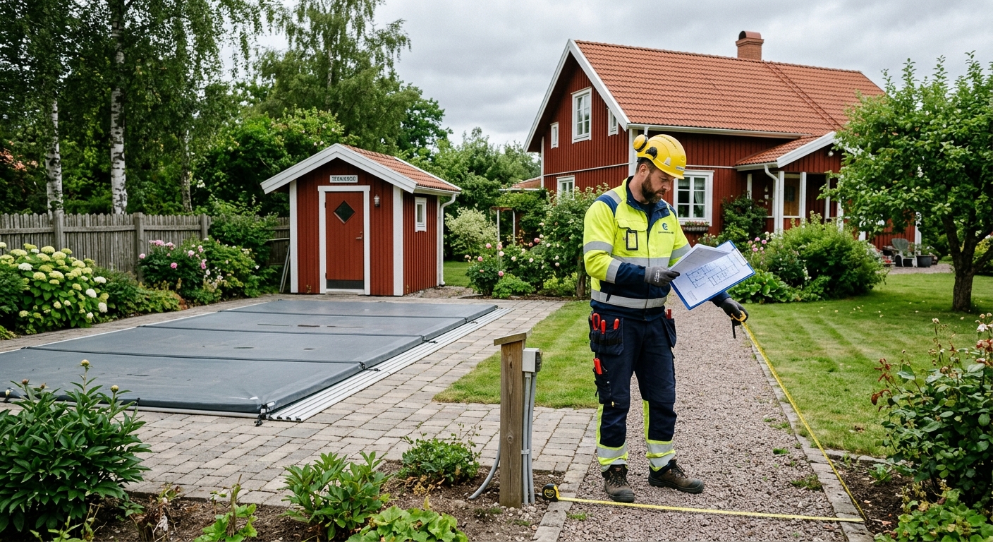 Elektriker som planerar kabelväg mellan villa och poolteknikrum