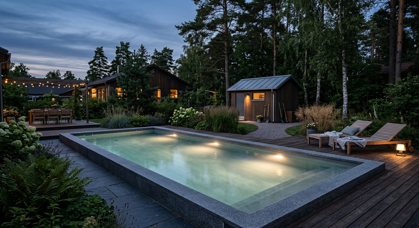 Färdig utomhuspool i kvällsljus med tänd poolbelysning