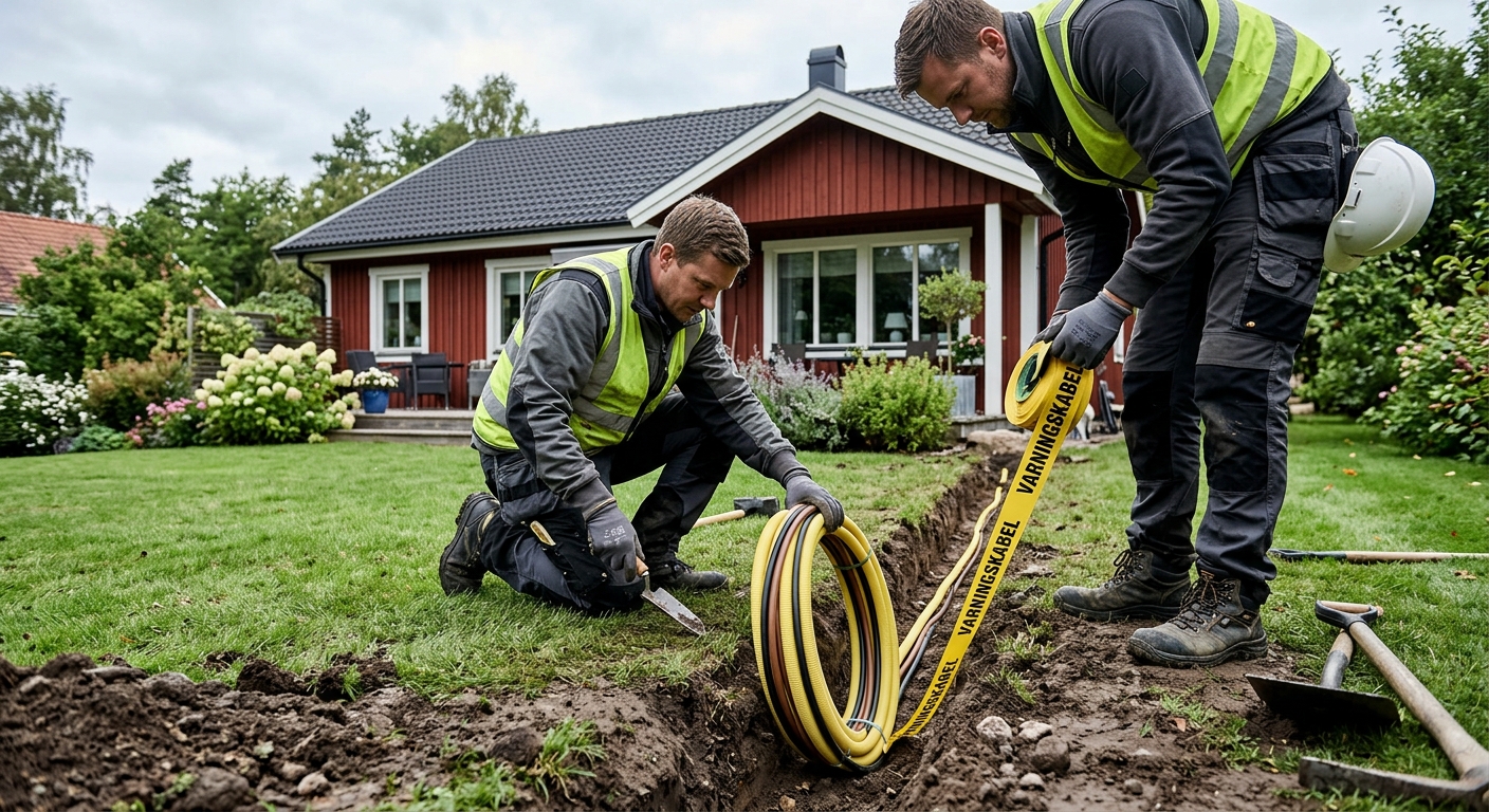 Nedgrävning av elkabel i skyddat kabeldike i en villaträdgård