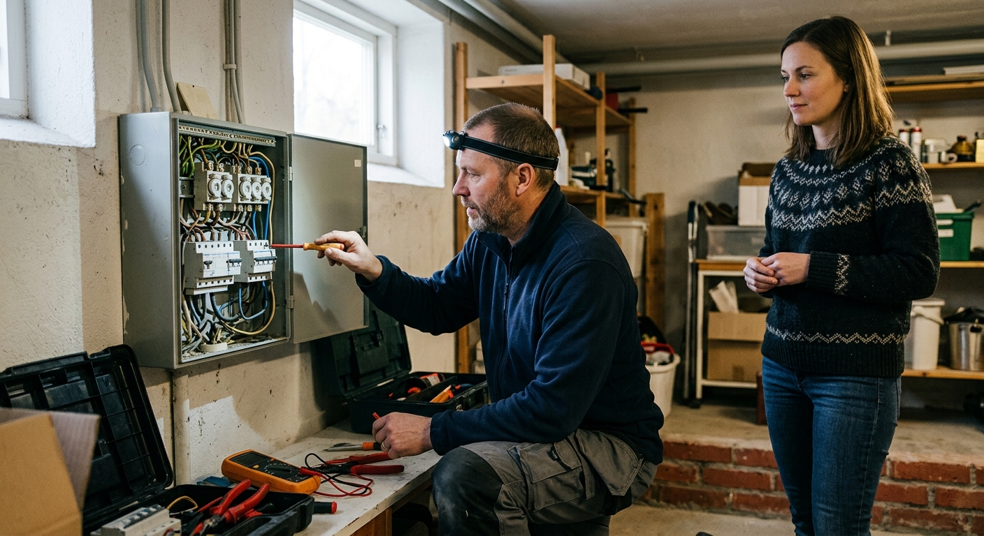 Elektriker kontrollerar elcentral i en villa inför husköp
