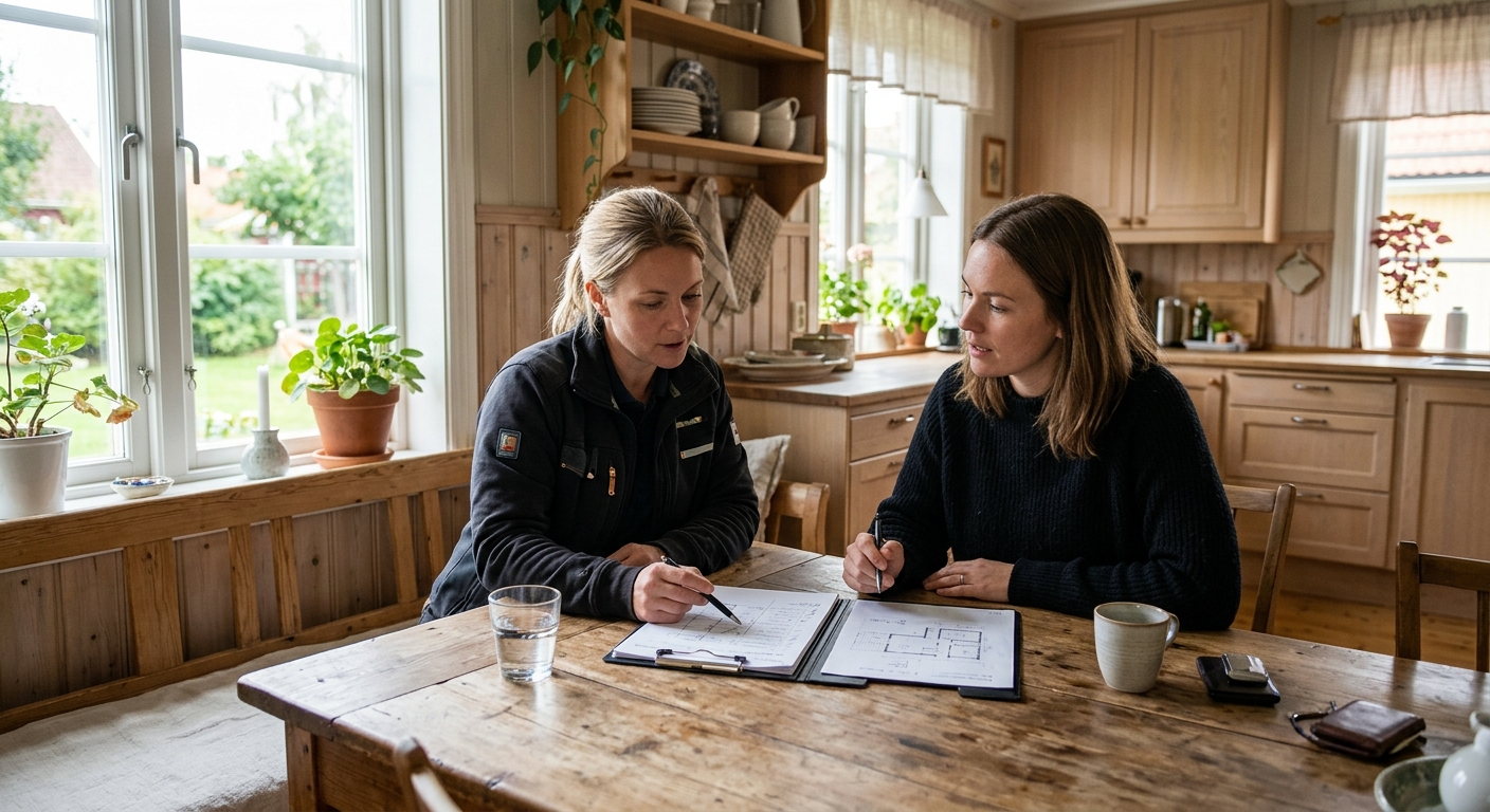 Köpare och elektriker går igenom ett elbesiktningsprotokoll vid köksbordet