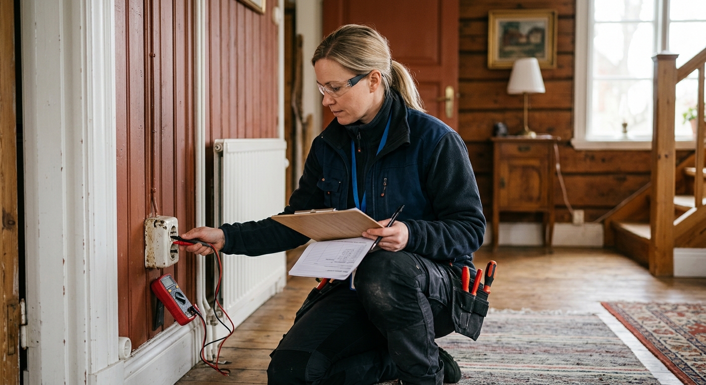 Elektriker dokumenterar en anmärkning vid ett vägguttag i ett äldre hus