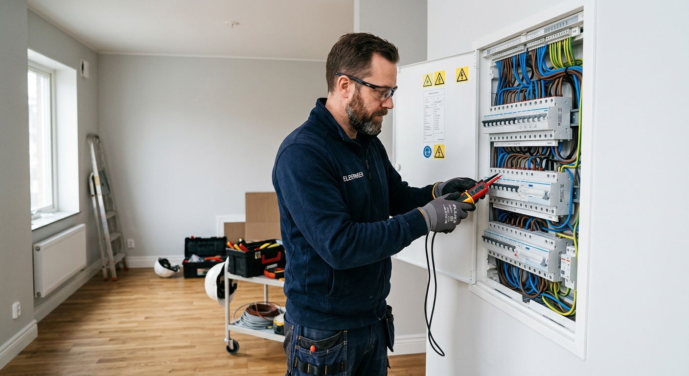 Elektriker kontrollerar en modern elcentral i en villa före driftsättning