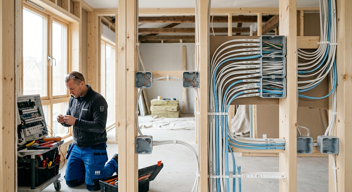 Ny kabeldragning och apparatdosor i öppna reglar under villarenovering