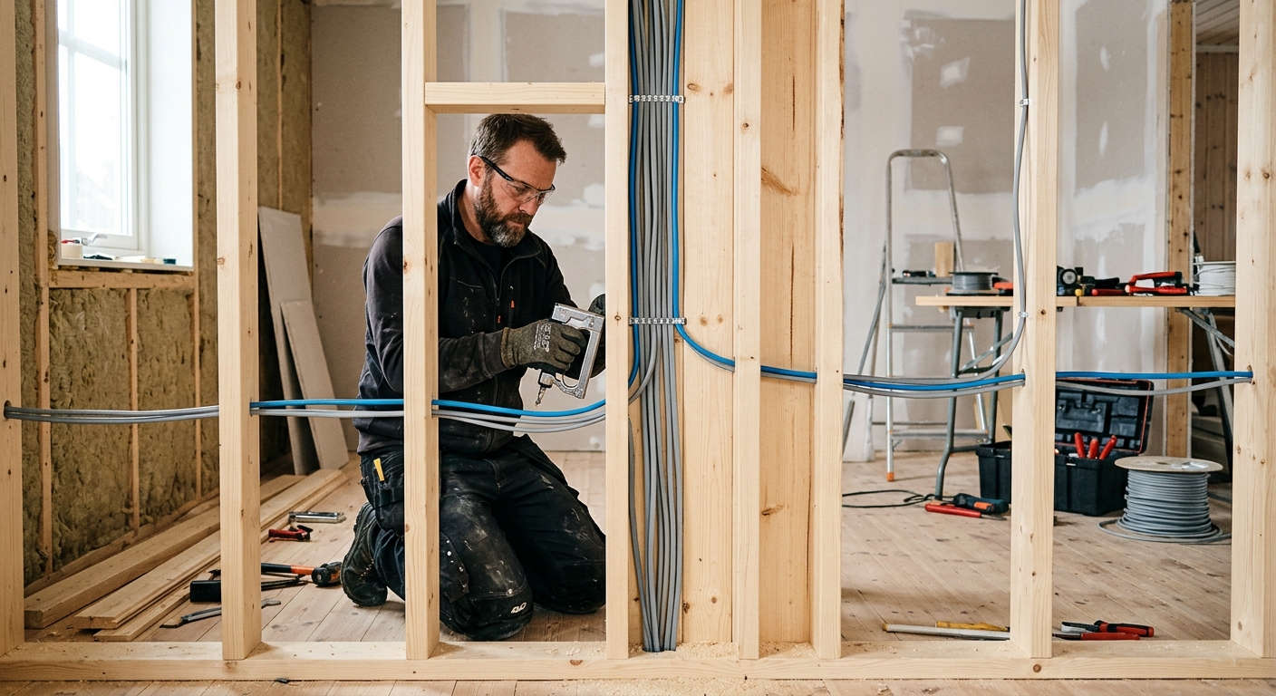 Elektriker drar kabel i regelvägg under husrenovering
