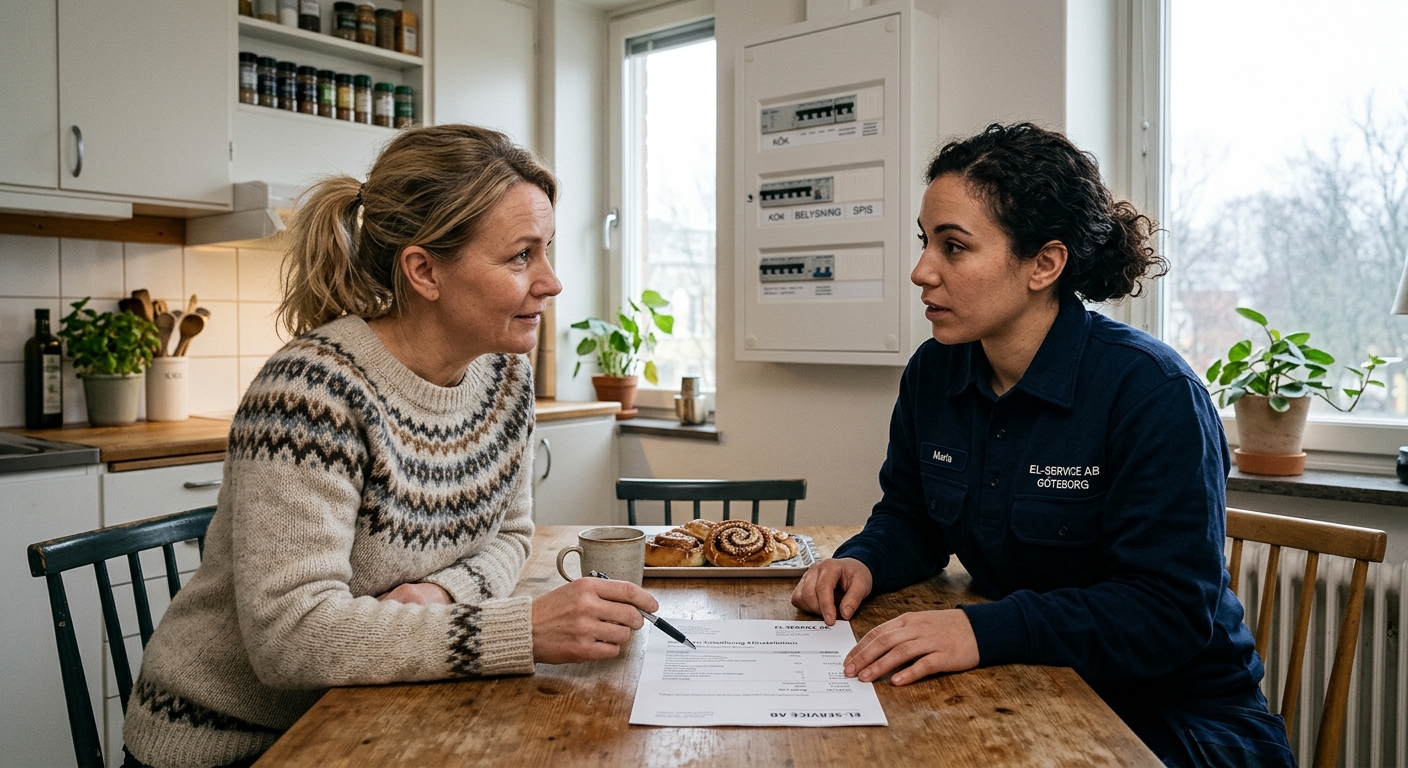 Bostadsägare och elektriker går igenom offert för elfelsökning vid köksbord