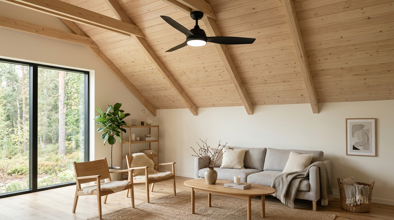 Takfläkt med lampa i vardagsrum med snedtak