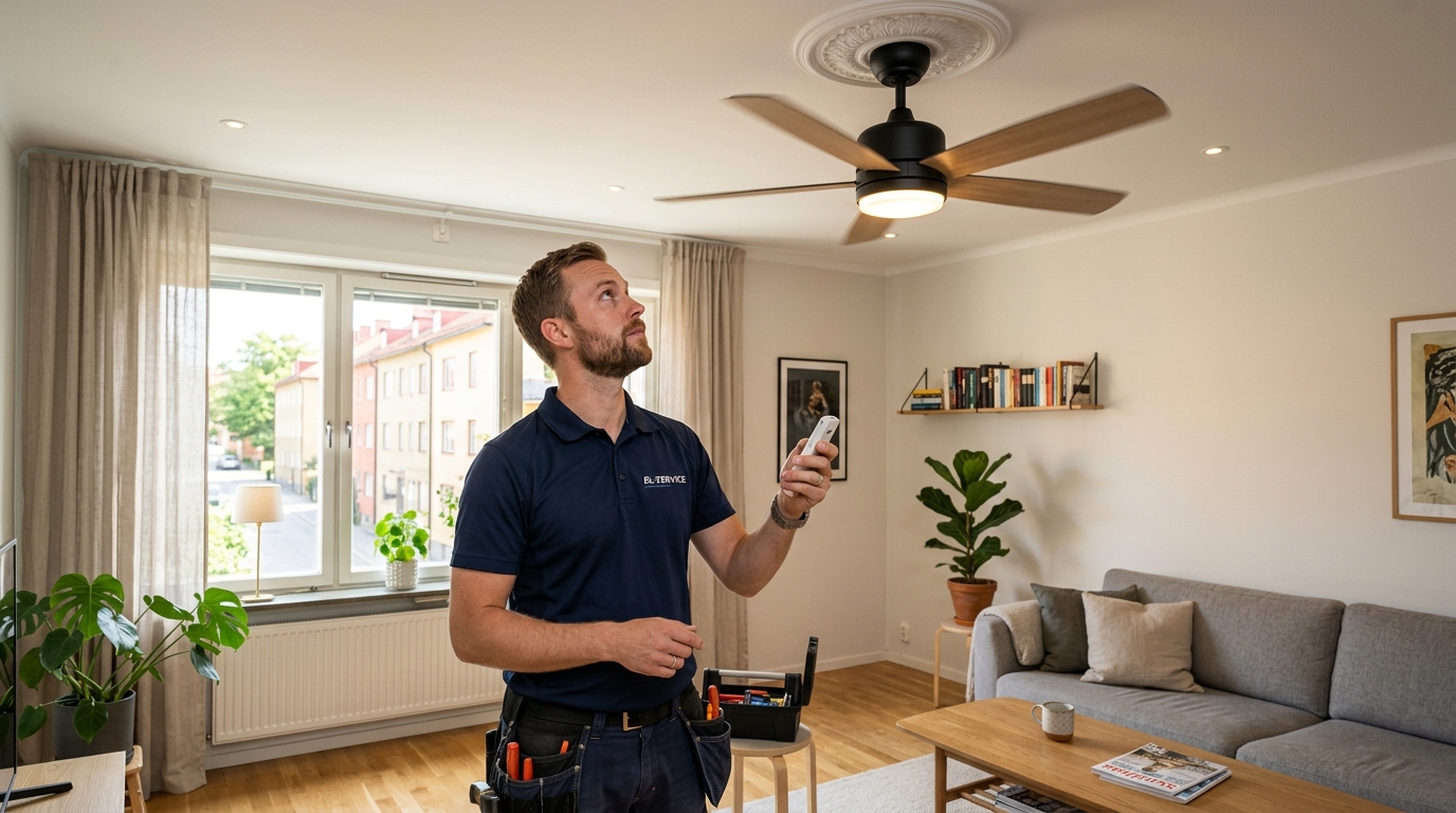 Elektriker testar takfläktens fjärrkontroll efter installation