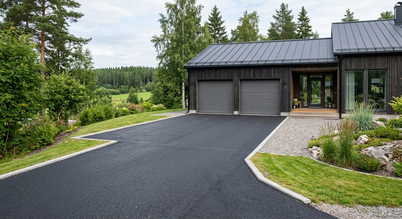 Asfalterad garageuppfart framför villa