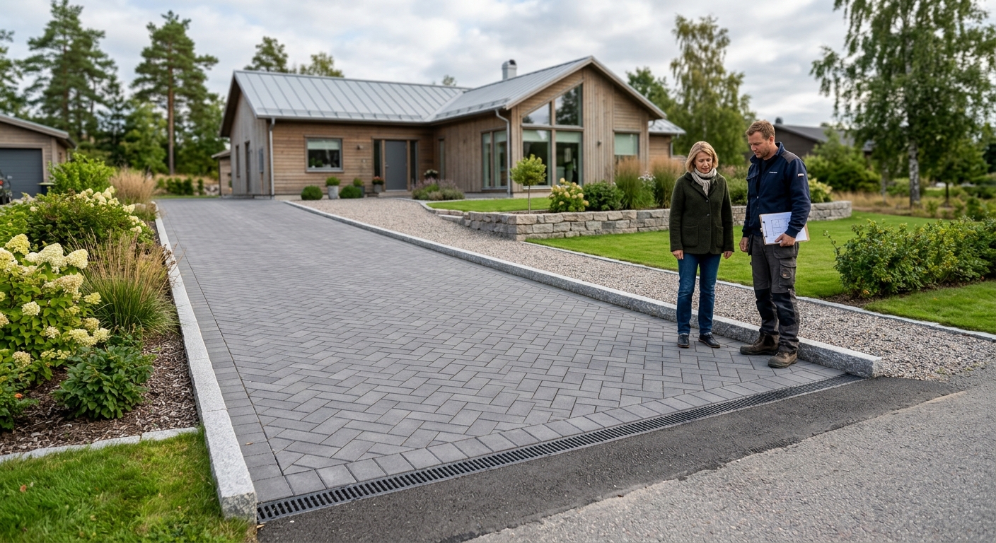 Färdigställd uppfart med stabila kanter framför garage