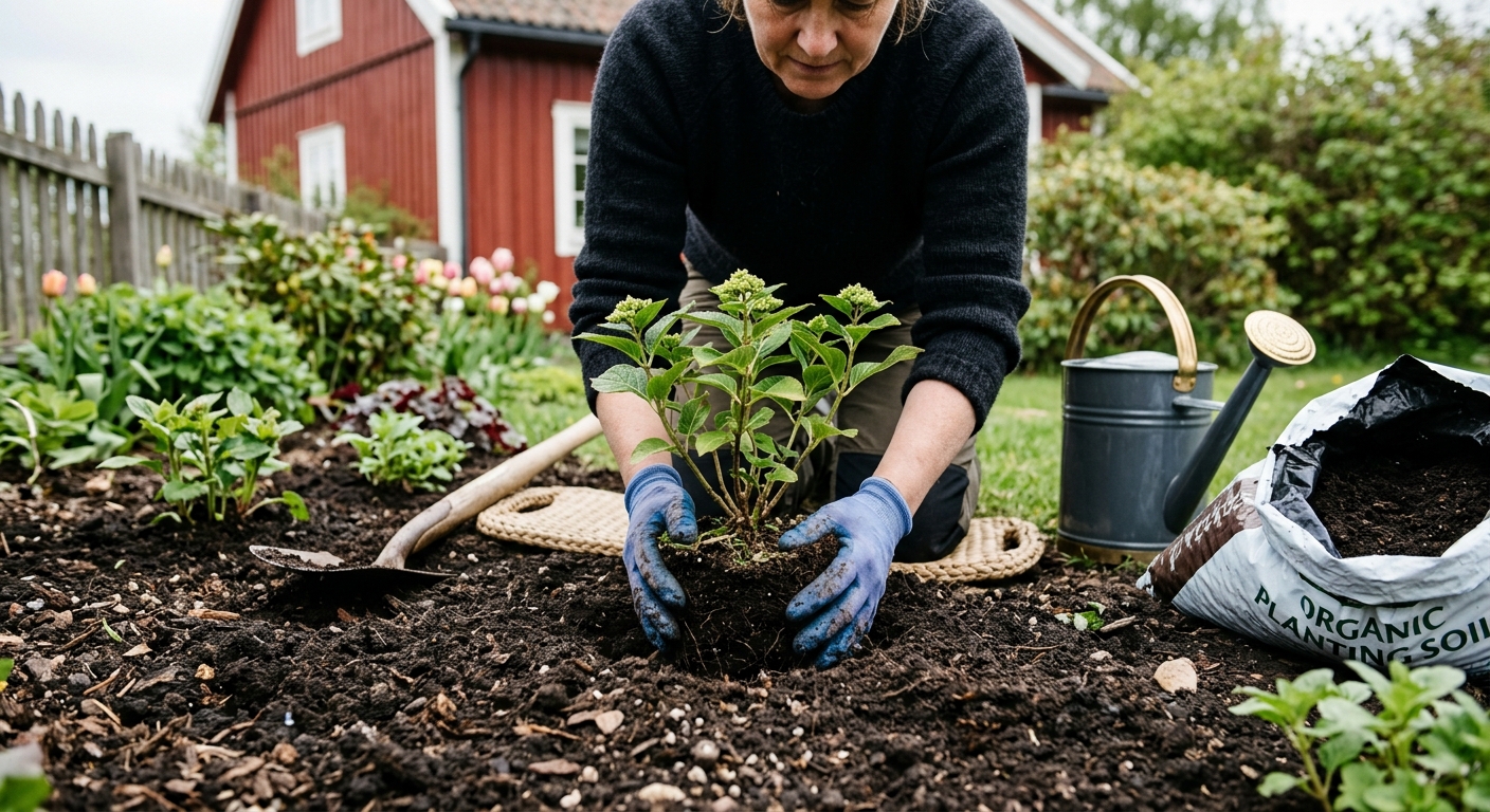 Plantering av buskar med ny planteringsjord och vattenkanna
