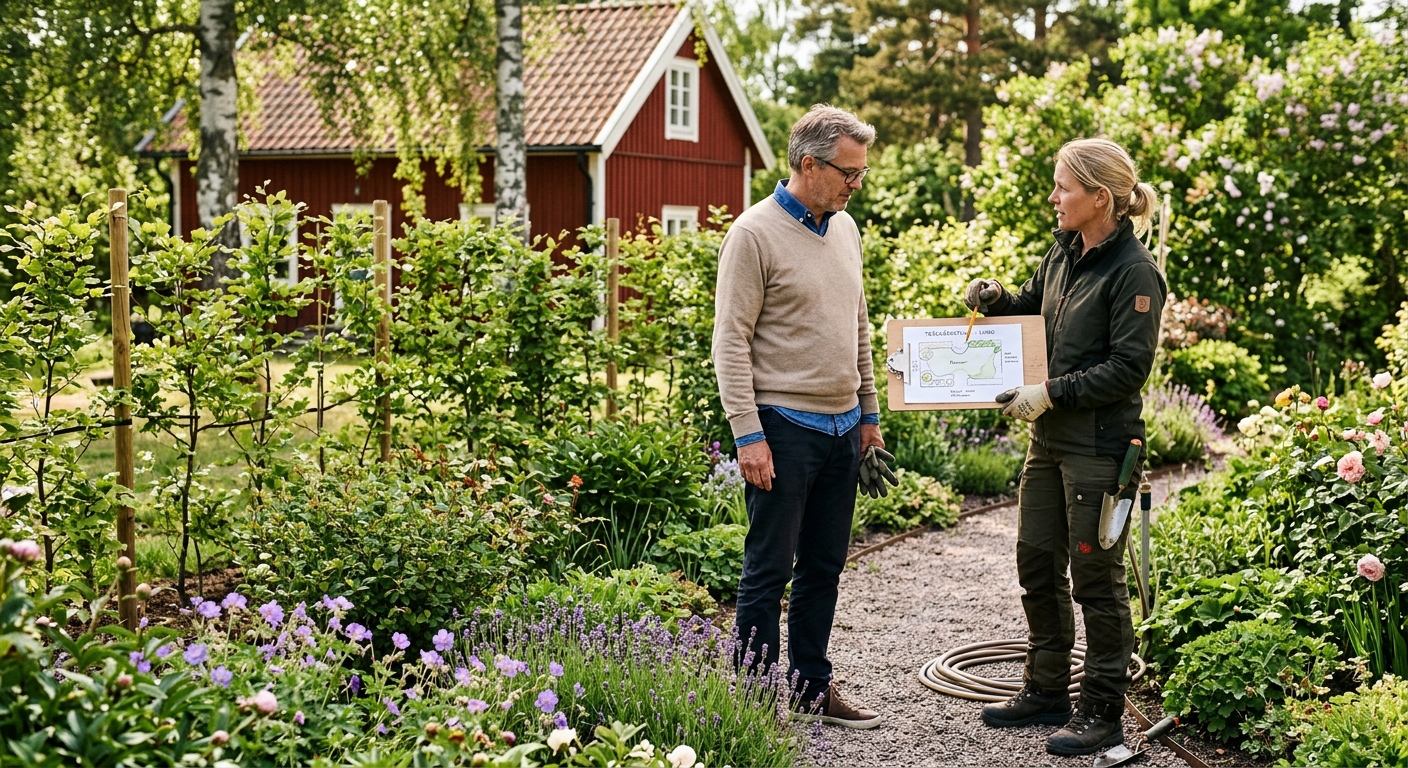 Trädgårdsmästare och kund går igenom planteringsplan i en trädgård