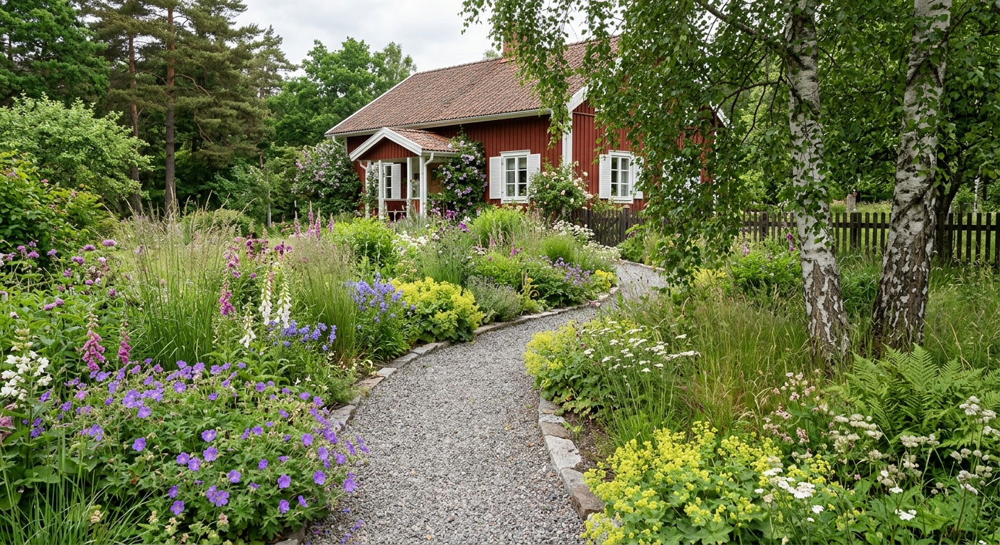 Naturinspirerad trädgård med perenner och mjuka gångar