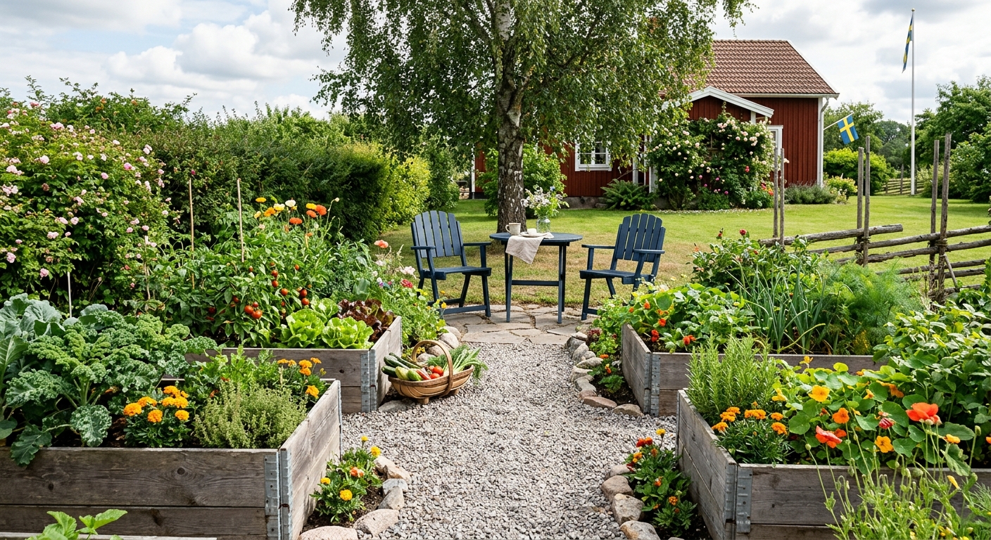 Köksträdgård med odlingsbäddar och sittplats