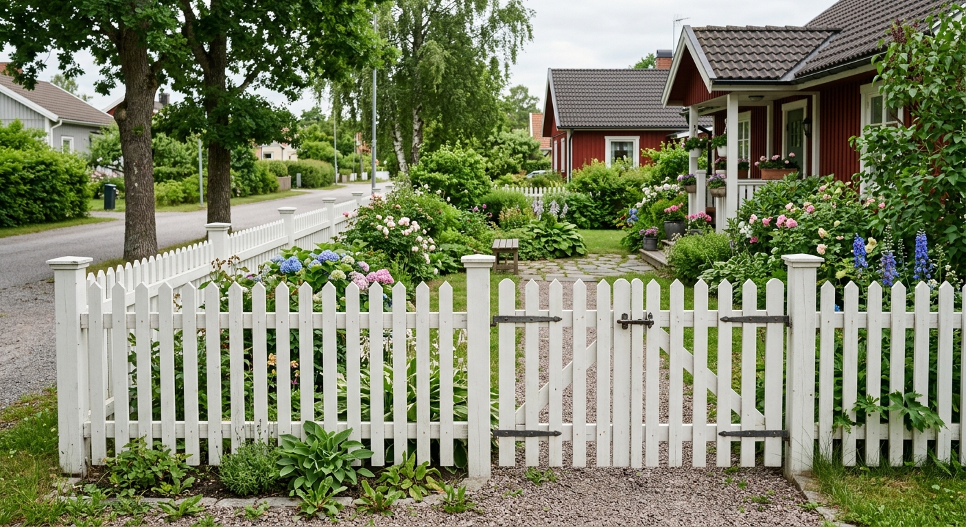 Klassiskt vitt trästaket med grind