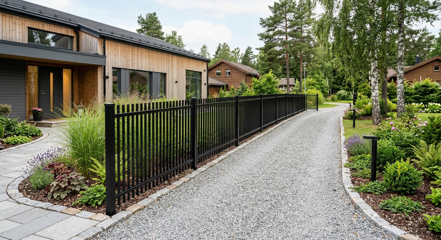 Stilrent svart metallstaket vid uppfart