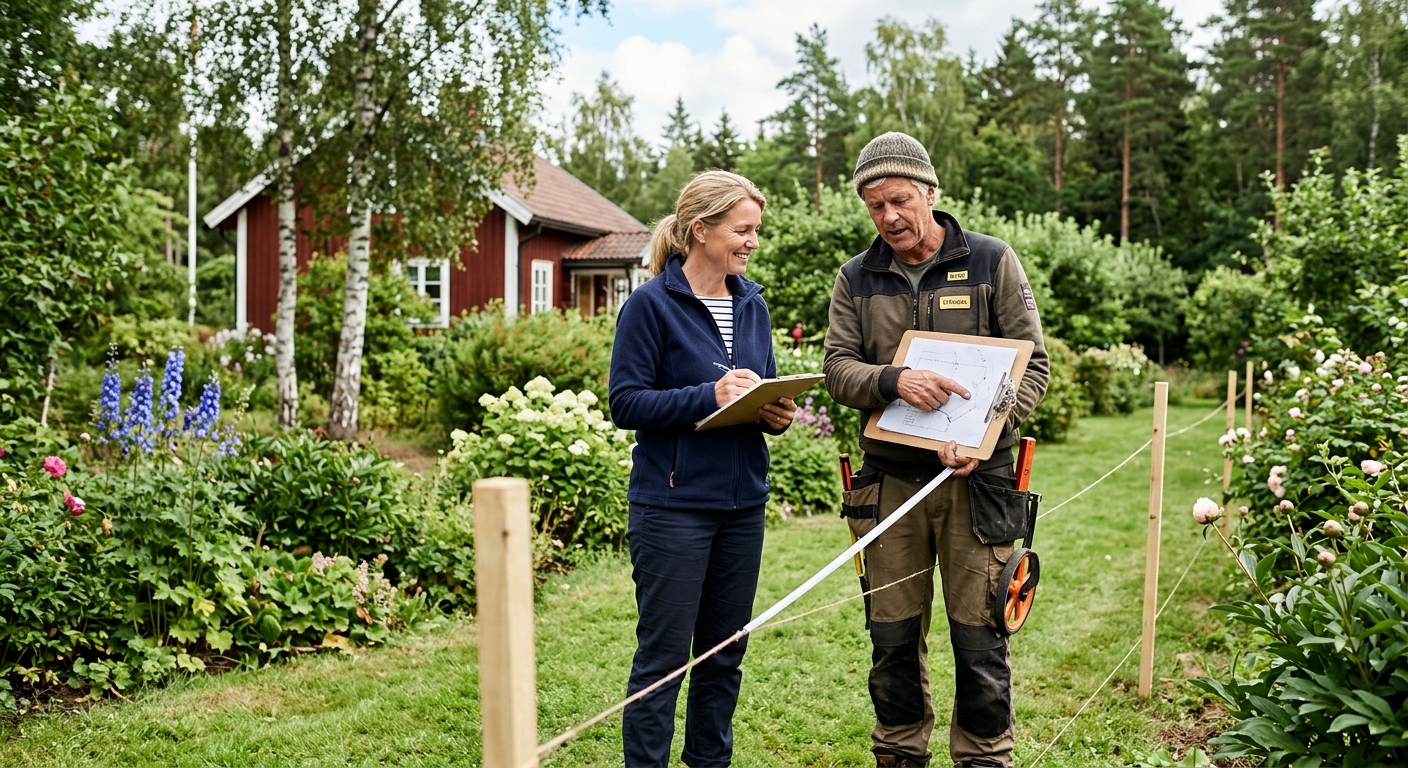 Fastighetsägare och staketbyggare går igenom staketlinje i trädgård