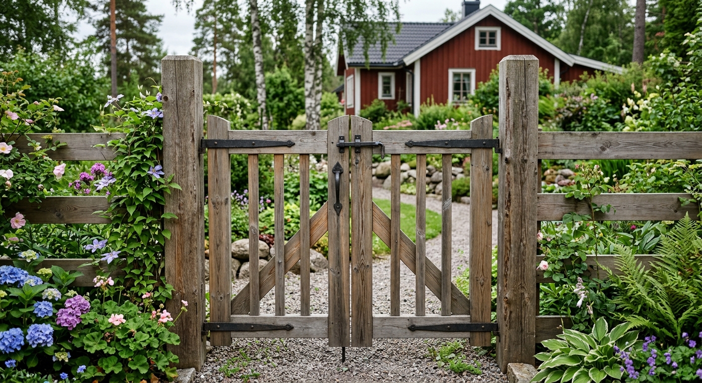 Trädgårdsgrind i trä mellan två trästolpar