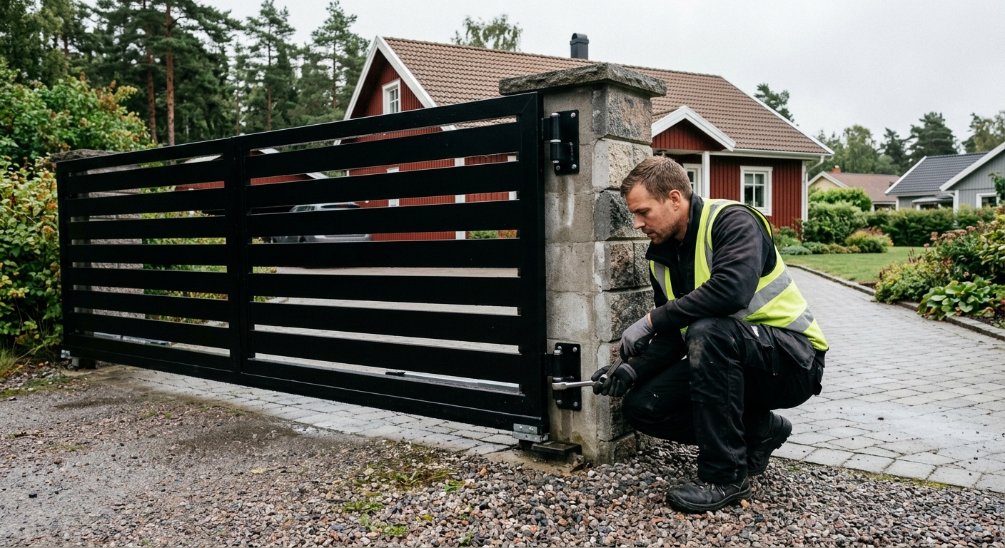 Monterad svart uppfartsgrind där hantverkare justerar gångjärnet