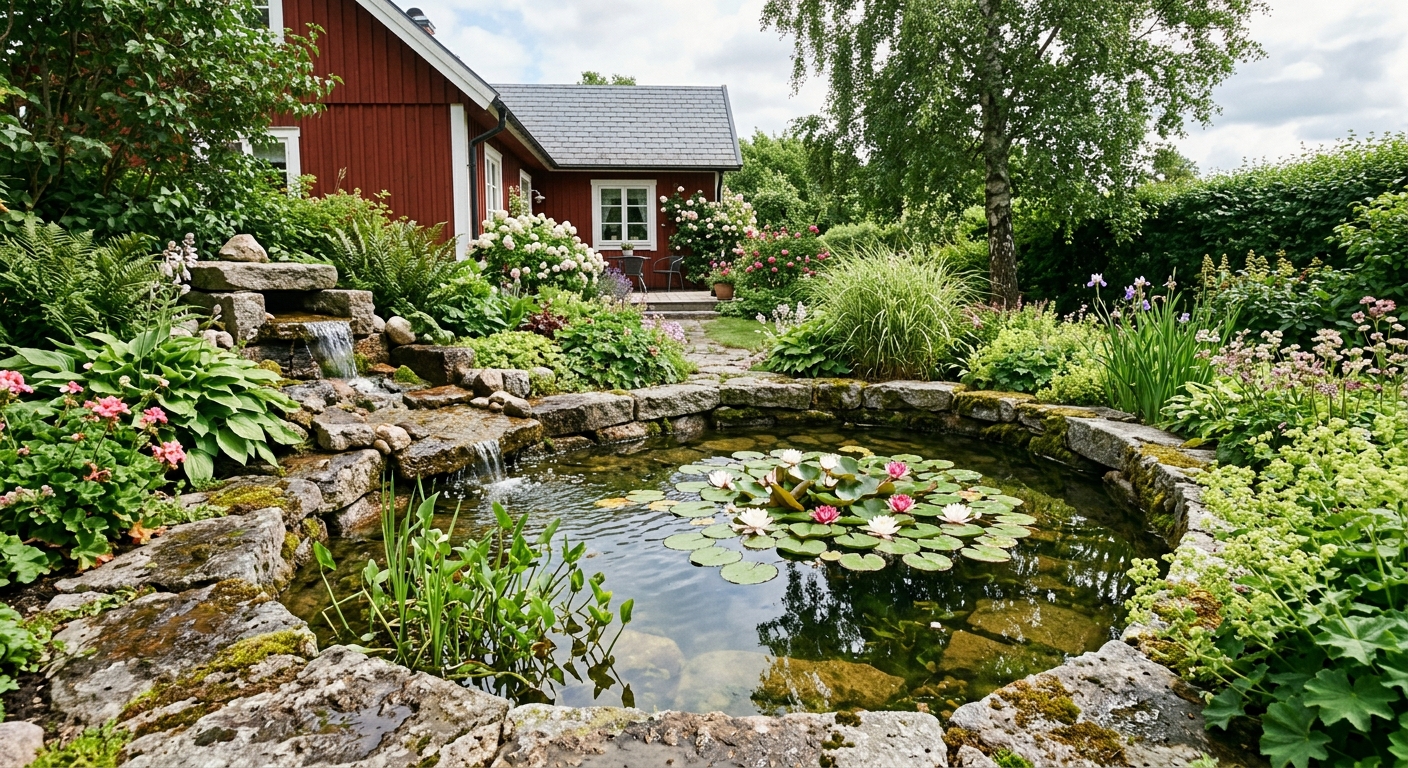 Liten dekorativ trädgårdsdamm med natursten, vattenväxter och lugn vattenyta