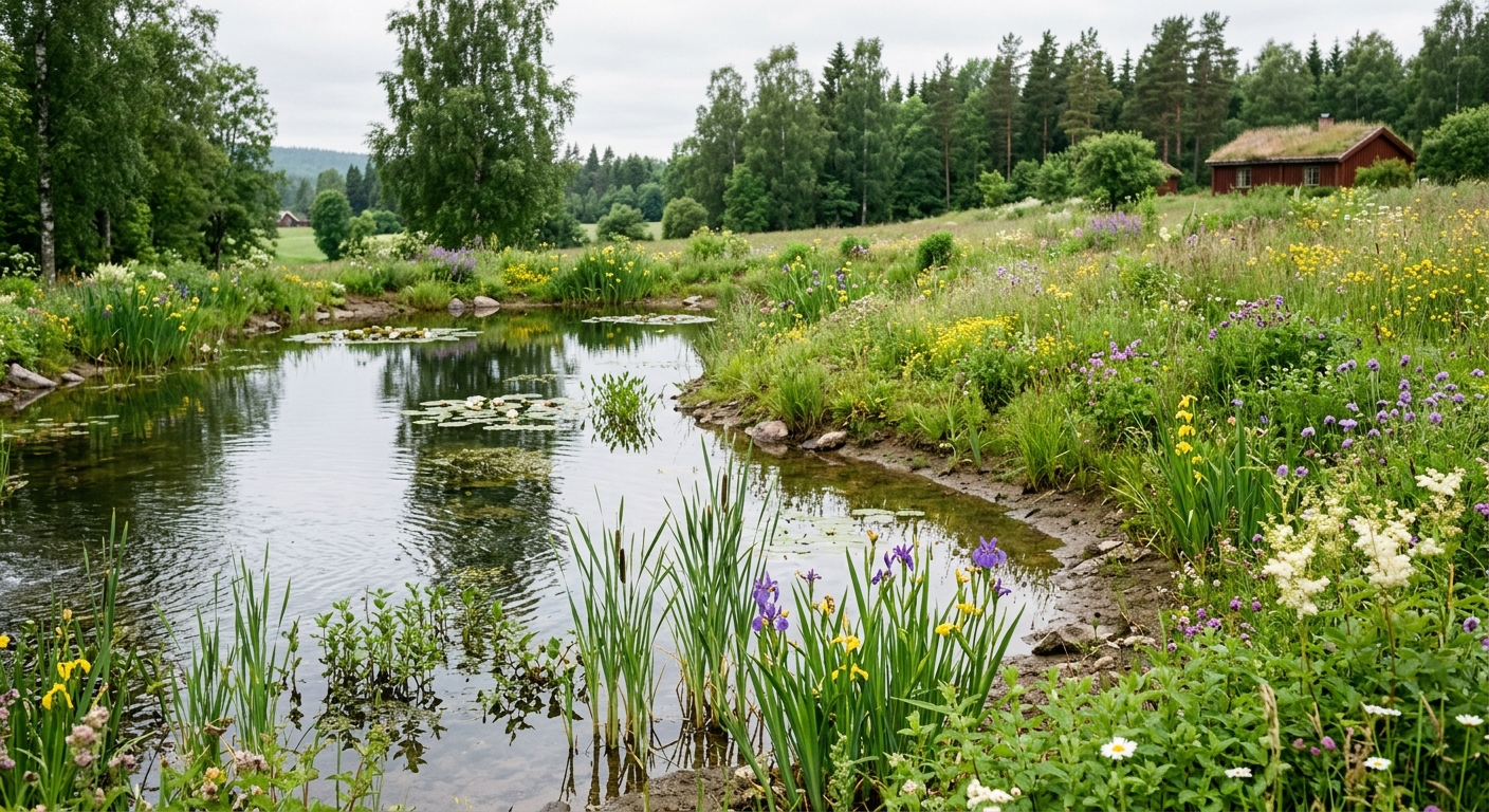 Naturlik damm med flacka strandzoner och inhemska växter