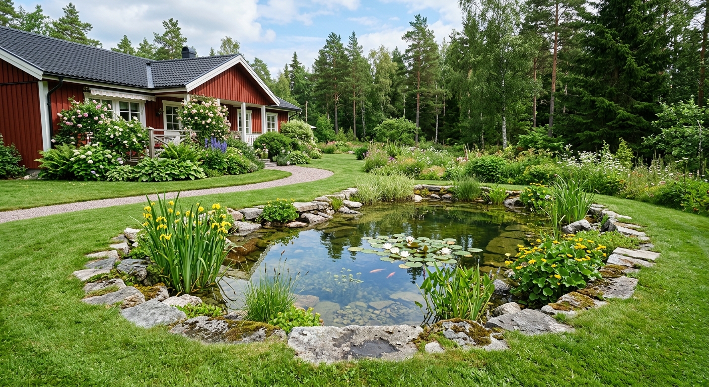 Färdig anlagd damm i villaträdgård med planteringar, stenkanter och klar vattenyta