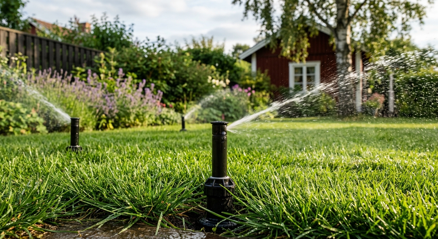 Pop-up-spridare som bevattnar en grön gräsmatta
