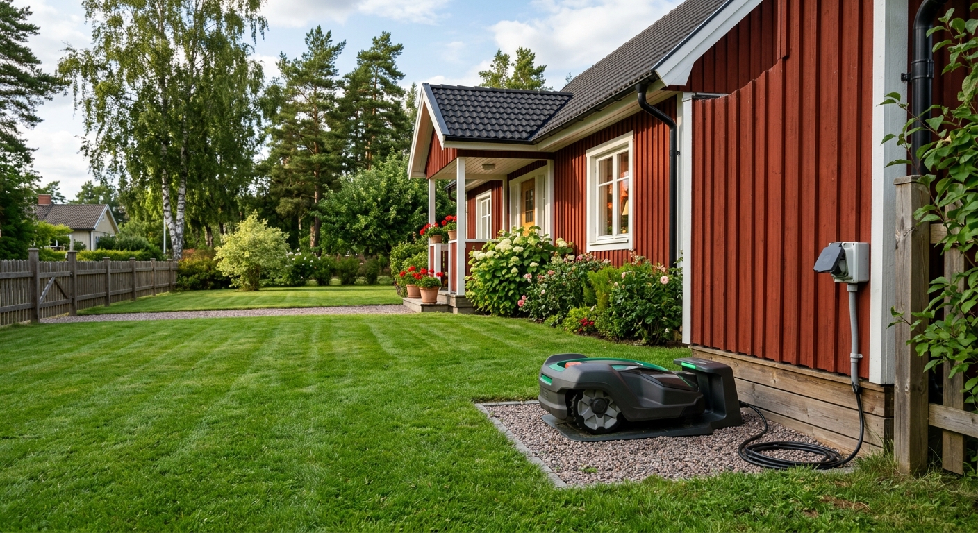 Robotgräsklippare i laddstation på jämn gräsmatta vid ett hus