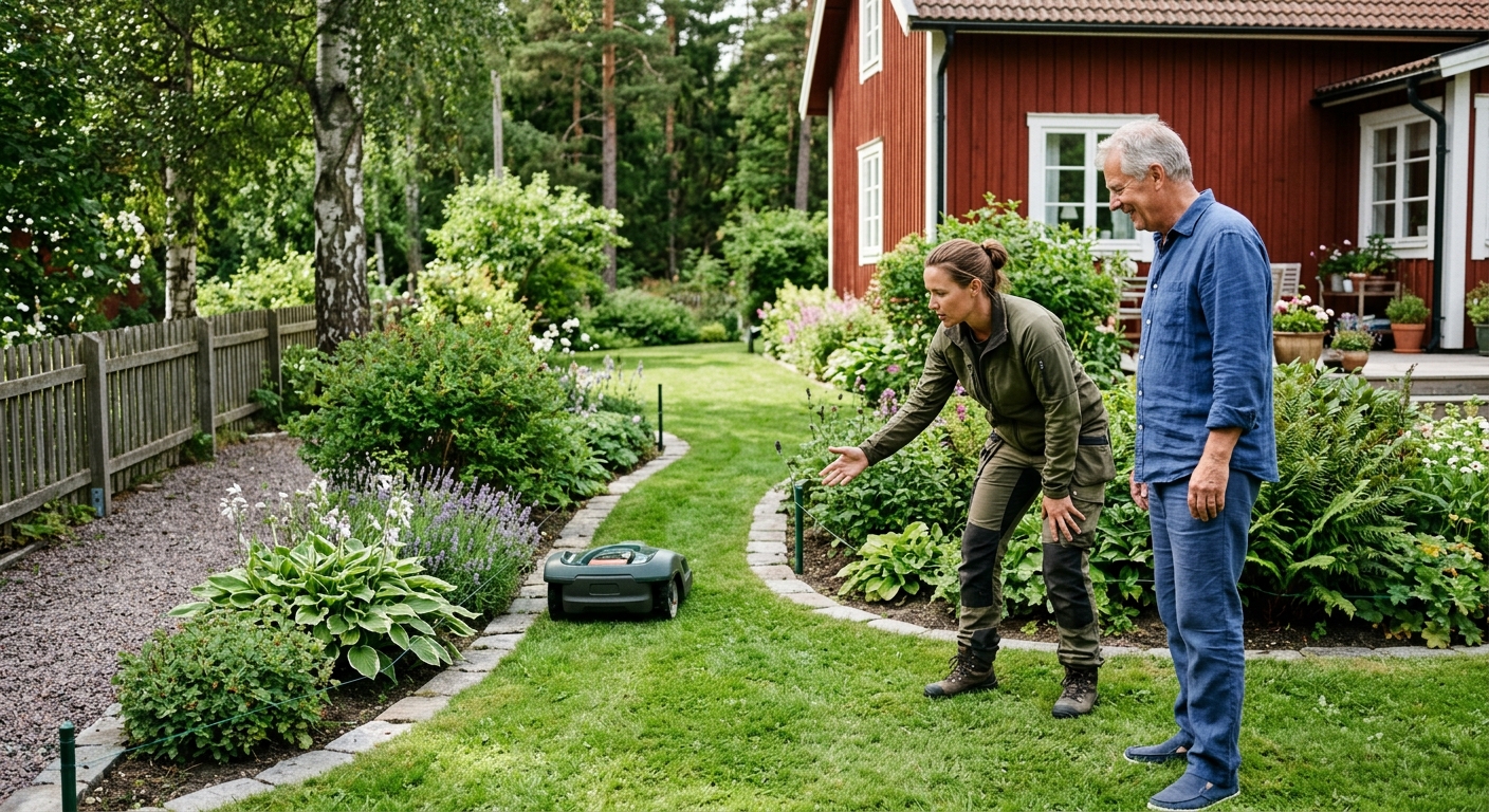 Installatör och husägare som granskar en robotgräsklippare under provkörning