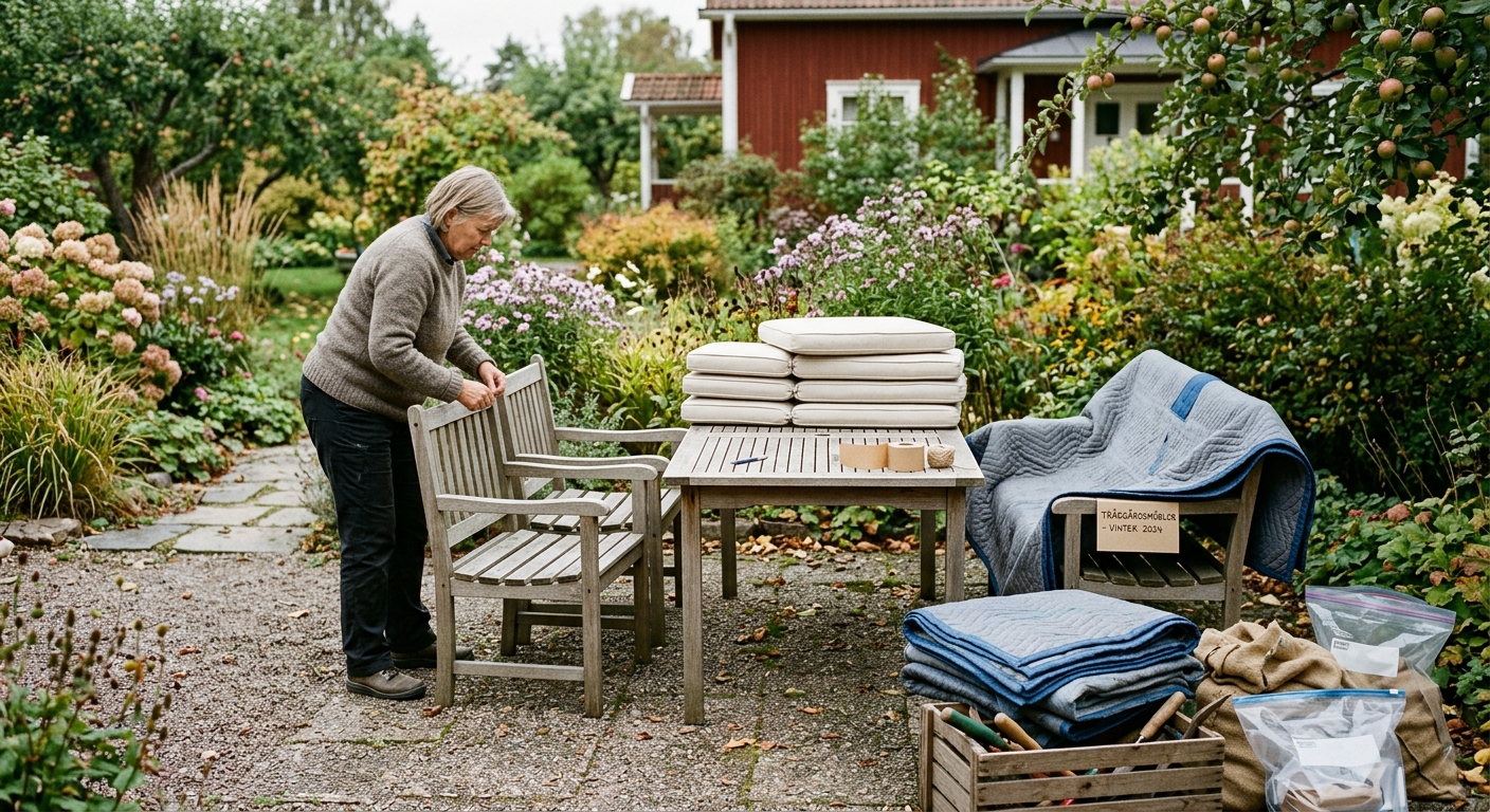 Rengjorda trädgårdsstolar och dynor som förbereds för vinterförvaring