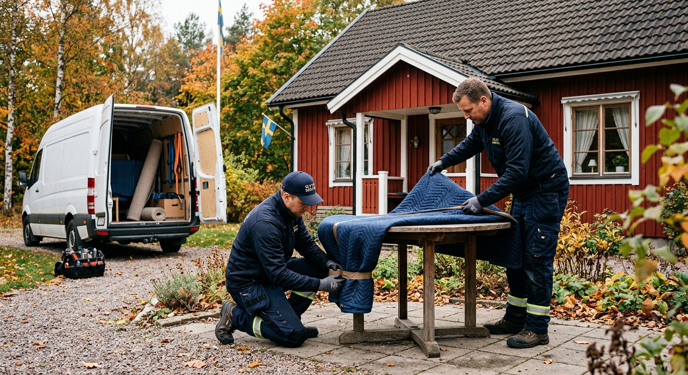Personal som emballerar ett trädgårdsbord för säker magasinering