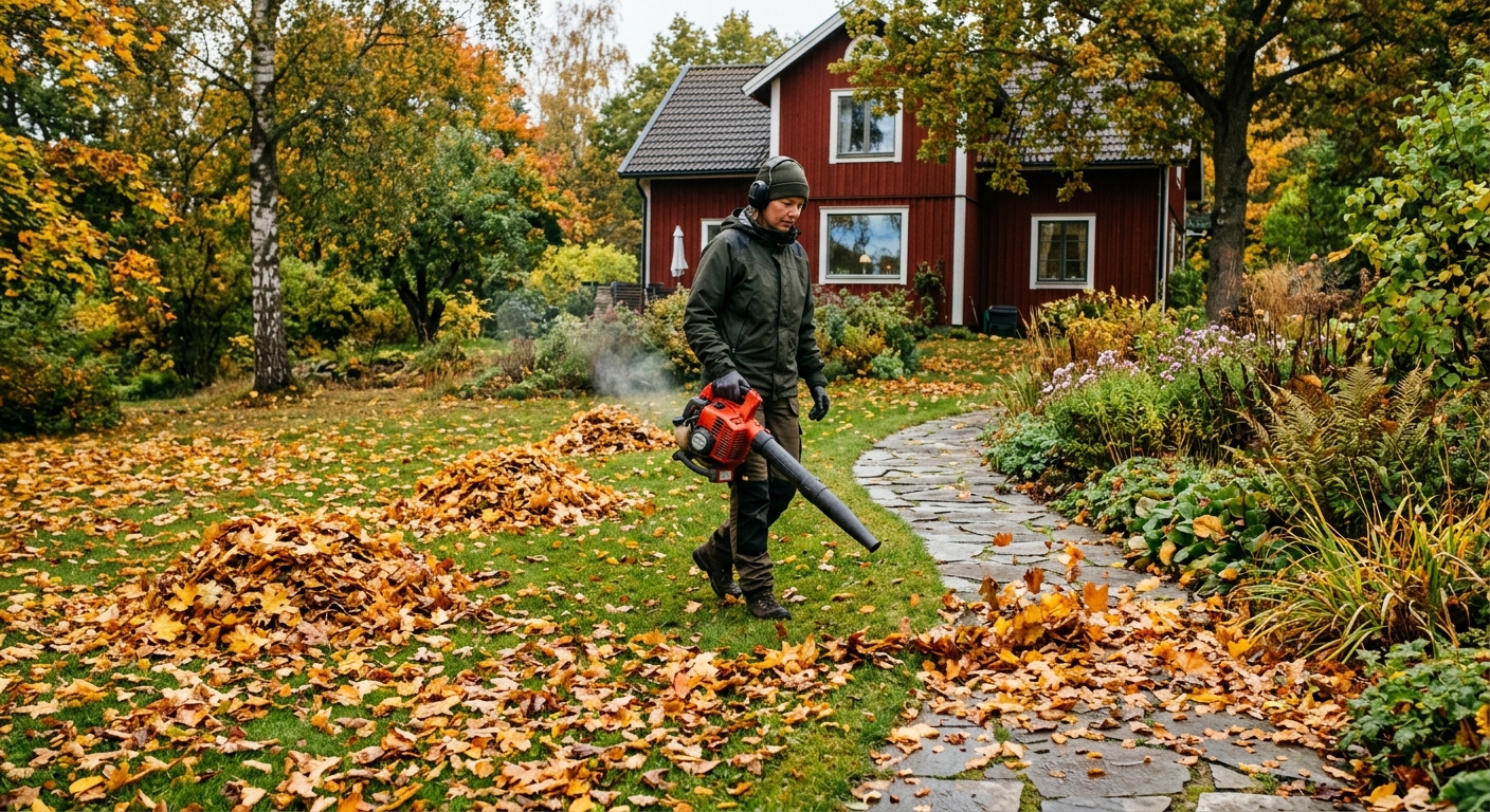 Trädgårdsskötare som samlar höstlöv på en villatomt