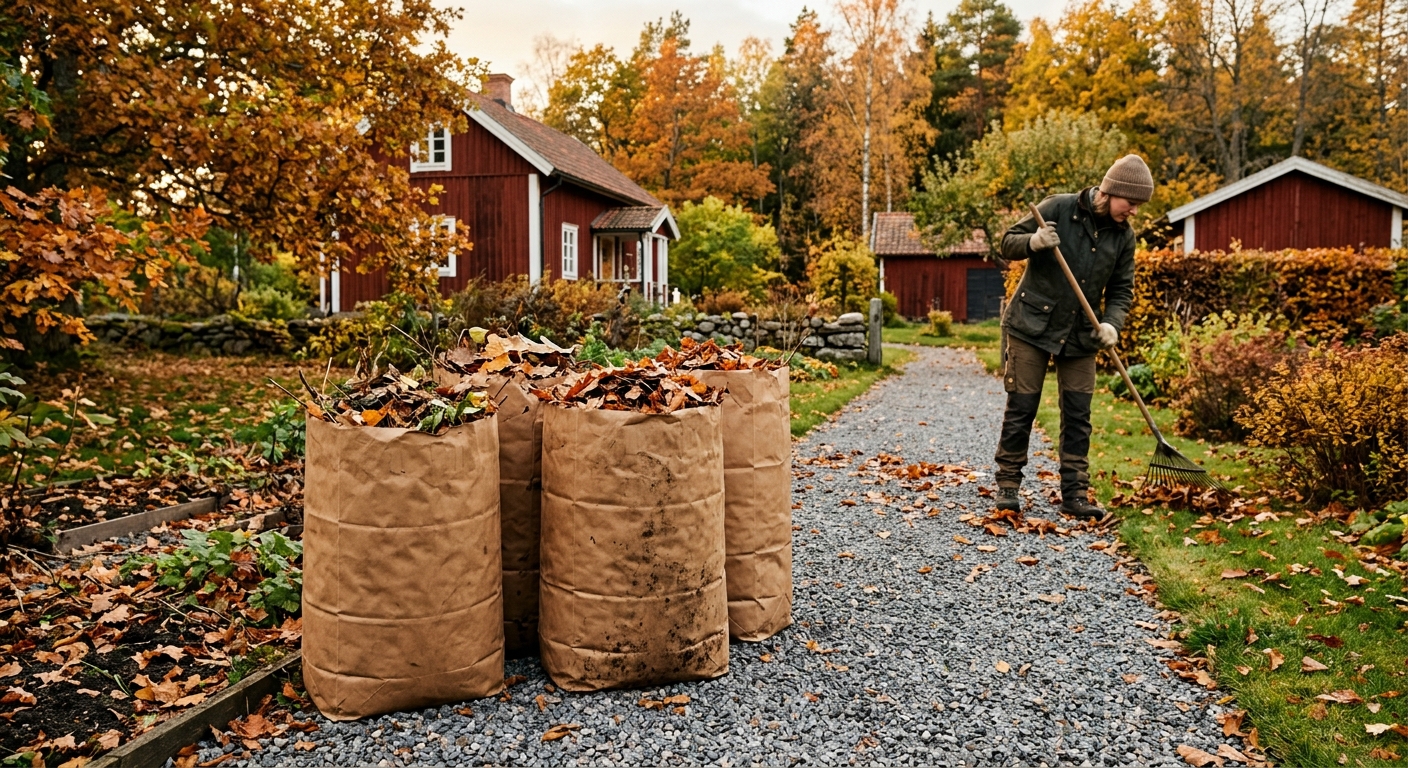 Uppsamlade löv i säckar vid en trädgårdsgång